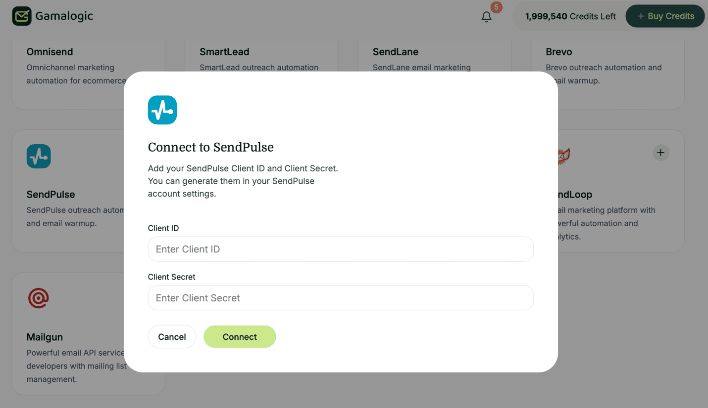 Sendpulse Client ID and Secret